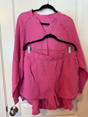 aerie Hot Pink Gauze Lounge Top and Shorts Set
